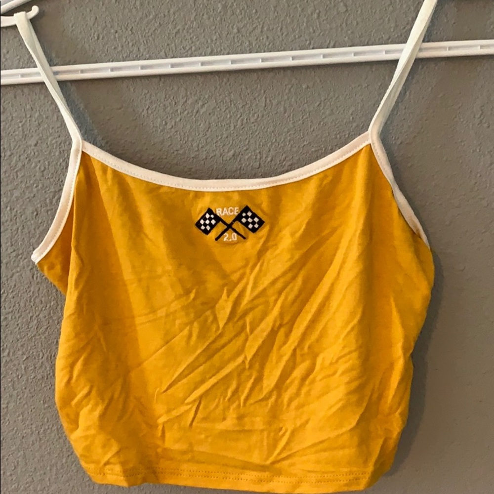 Super crop yellow crop top with racing flags!